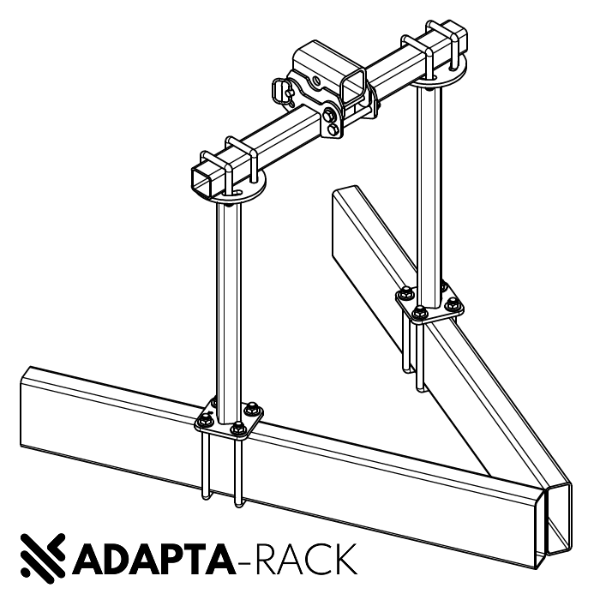 Line drawing of the ADAPTA-Rack Tilting Hitch, a device designed to attach a bike rack to a caravan or camper-trailer.